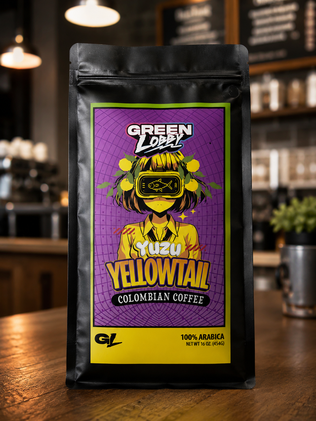 Black coffee bag with Yuzu Yellowtail label